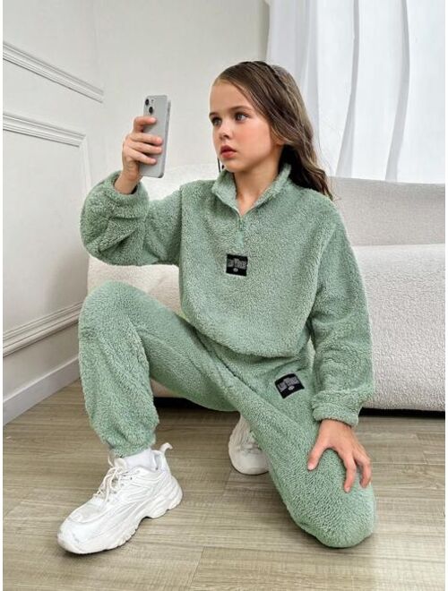 SHEIN Kids HYPEME Girls' Cool Knitted Solid Color Stand Collar Two-sided Fleece Half-open Front Long Sleeve Outfit