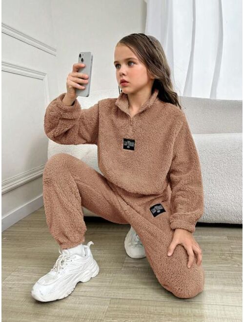 SHEIN Kids HYPEME Girls' Cool Knitted Solid Color Stand Collar Two-sided Fleece Half-open Front Long Sleeve Outfit