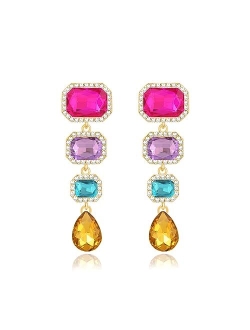 Met-edianger Vintage Rhinestone Drop Dangle Earrings Statement Crystal Dangling Earrings Rectangle Teardrop Chandelier Earrings for Women Girls