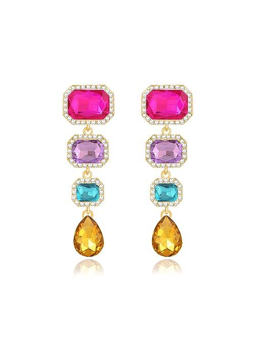 Met-edianger Vintage Rhinestone Drop Dangle Earrings Statement Crystal Dangling Earrings Rectangle Teardrop Chandelier Earrings for Women Girls