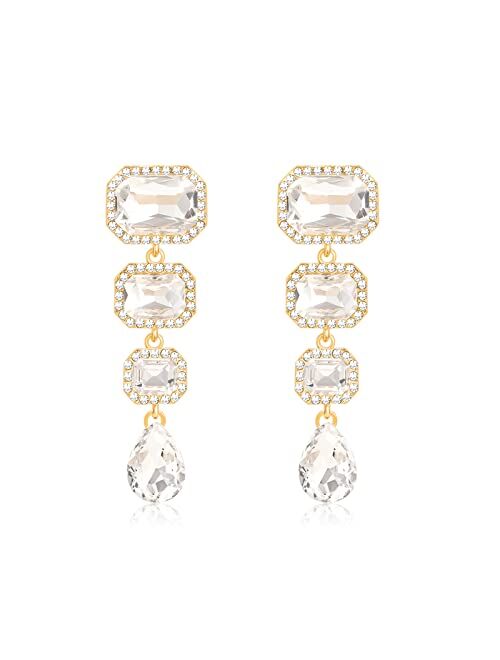 Met-edianger Vintage Rhinestone Drop Dangle Earrings Statement Crystal Dangling Earrings Rectangle Teardrop Chandelier Earrings for Women Girls