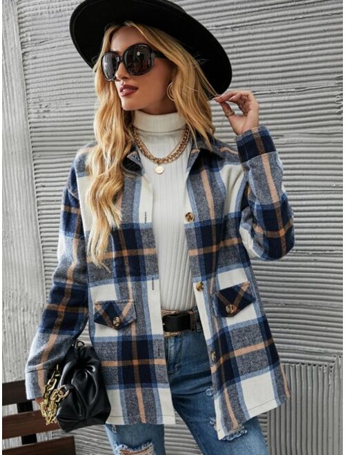 SHEIN LUNE Plaid Drop Shoulder Overcoat