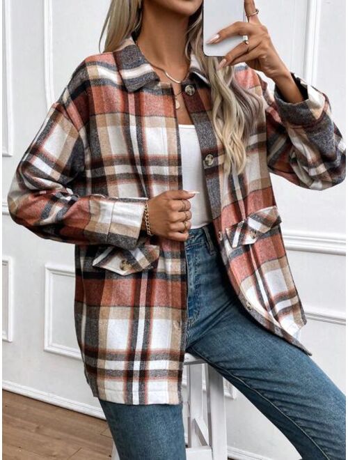 SHEIN LUNE Plaid Drop Shoulder Overcoat