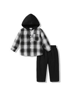 MAMAMI Kids Kids Toddler Baby Boy Clothes Plaid Button Down Hoodied Sweatshirt Casual Pants Fall Winter Outfits Set