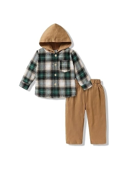 MAMAMI Kids Kids Toddler Baby Boy Clothes Plaid Button Down Hoodied Sweatshirt Casual Pants Fall Winter Outfits Set