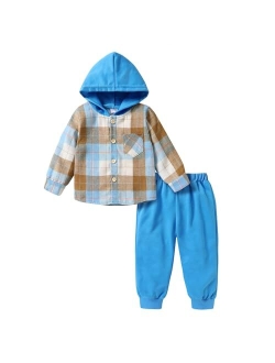 MAMAMI Kids Kids Toddler Baby Boy Clothes Plaid Button Down Hoodied Sweatshirt Casual Pants Fall Winter Outfits Set