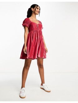 velvet prairie mini dress with ribbon trim in dark rose