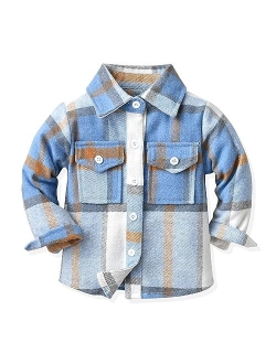 ALLureLove Toddler Boys' Girls' Flannel Plaid Shirt Button Down Long Sleeve Jacket Lapel Shacket Coat Tops Casual Outwear