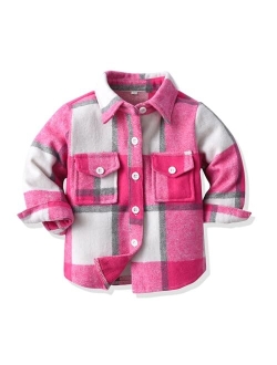 ALLureLove Toddler Boys' Girls' Flannel Plaid Shirt Button Down Long Sleeve Jacket Lapel Shacket Coat Tops Casual Outwear