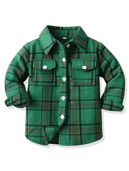 ALLureLove Toddler Boys' Girls' Flannel Plaid Shirt Button Down Long Sleeve Jacket Lapel Shacket Coat Tops Casual Outwear