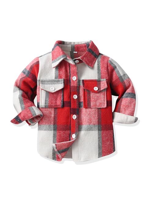 ALLureLove Toddler Boys' Girls' Flannel Plaid Shirt Button Down Long Sleeve Jacket Lapel Shacket Coat Tops Casual Outwear