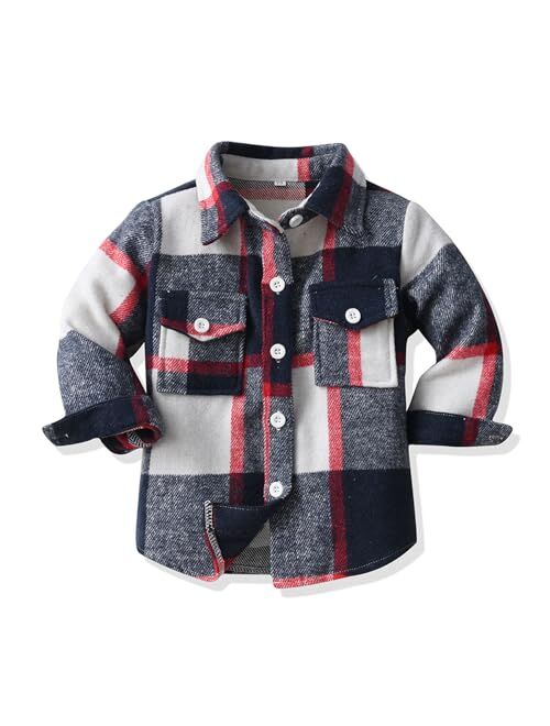 ALLureLove Toddler Boys' Girls' Flannel Plaid Shirt Button Down Long Sleeve Jacket Lapel Shacket Coat Tops Casual Outwear