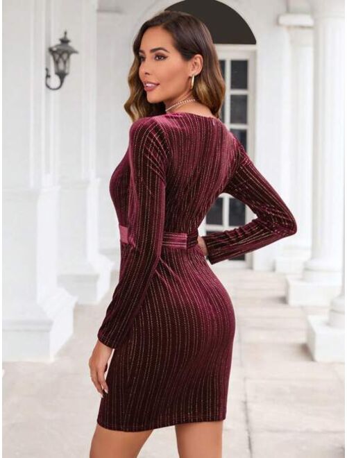 SHEIN Clasi Surplice Neck Wrap Hem Velvet Bodycon Dress