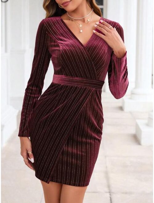 SHEIN Clasi Surplice Neck Wrap Hem Velvet Bodycon Dress