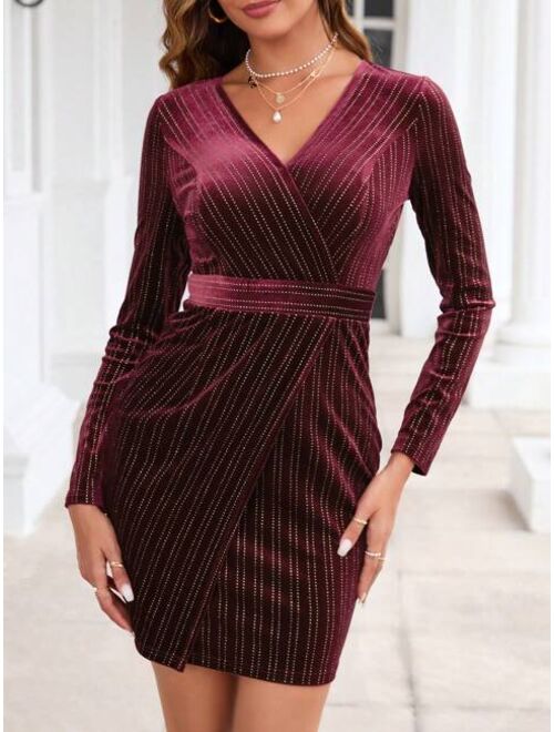 SHEIN Clasi Surplice Neck Wrap Hem Velvet Bodycon Dress