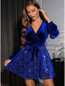 SHEIN BAE Surplice Neck Lantern Sleeve Belted Velvet Dress