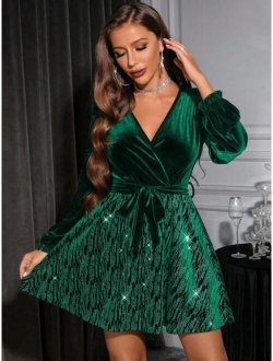 SHEIN BAE Surplice Neck Lantern Sleeve Belted Velvet Dress