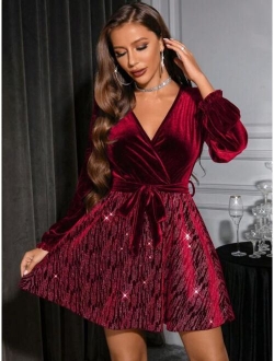 SHEIN BAE Surplice Neck Lantern Sleeve Belted Velvet Dress