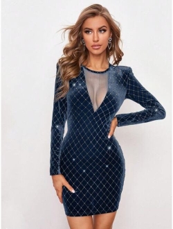 SHEIN Belle Mesh Insert Plaid Glitter Velvet Dress