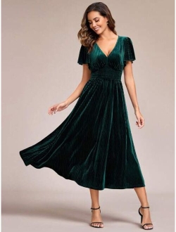 Butterfly Sleeve Velvet A-line Dress