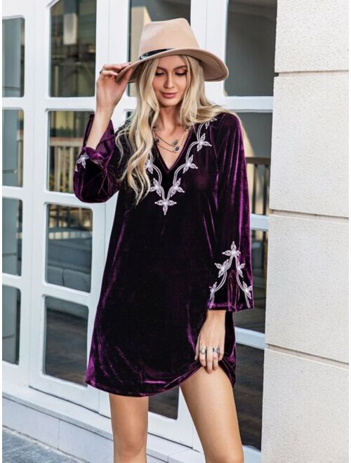 Rusttydustty Velvet Embroidery Tunic Dress Without Belt