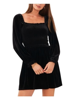 Women's Velvet Smocked Bodice Long Sleeve Dress