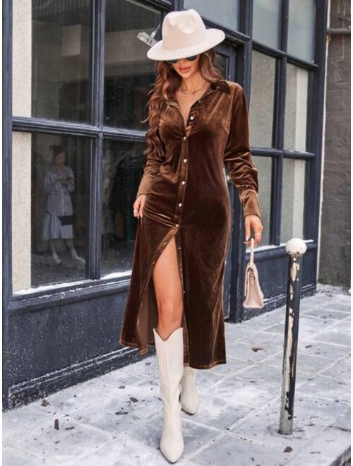 SHEIN Prive Button Front Velvet Shirt Dress