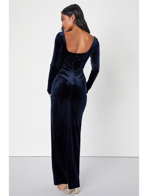 Lulus Forever Sensational Navy Blue Velvet Long Sleeve Maxi Dress