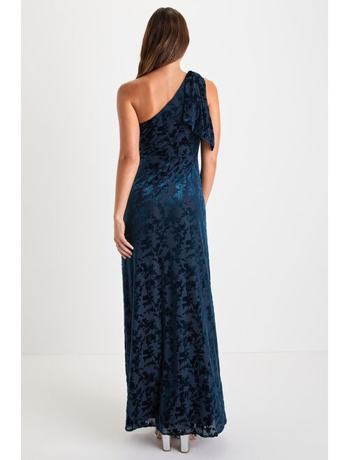 Lulus Pretty Marvelous Dark Teal Velvet Floral One-Shoulder Maxi Dress