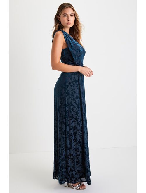 Lulus Pretty Marvelous Dark Teal Velvet Floral One-Shoulder Maxi Dress