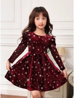 Young Girl Galaxy Print Bow Back Gigot Sleeve Velvet Dress