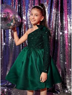 Tween Girls One Shoulder Bow Detail Sequin Party Dress