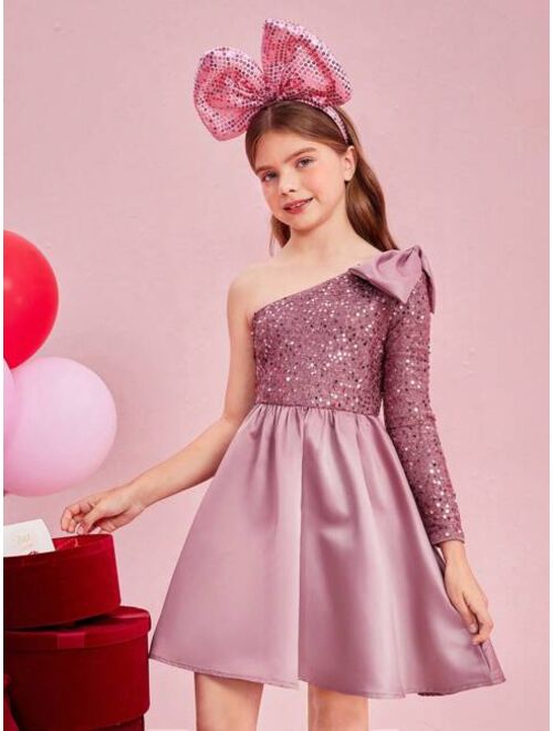 SHEIN Tween Girls One Shoulder Bow Detail Sequin Party Dress