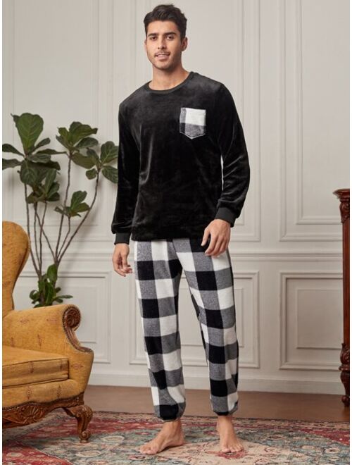 Shein Men Buffalo Plaid Patched Pocket PJ Set