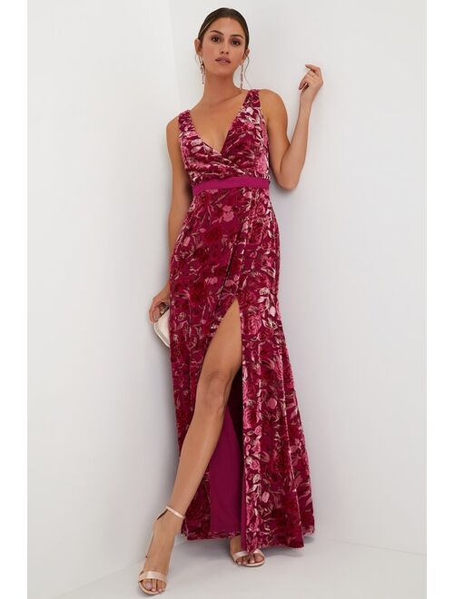 Lulus Pretty Perception Magenta Velvet Floral Backless Maxi Dress