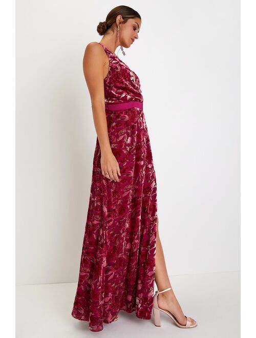 Lulus Pretty Perception Magenta Velvet Floral Backless Maxi Dress