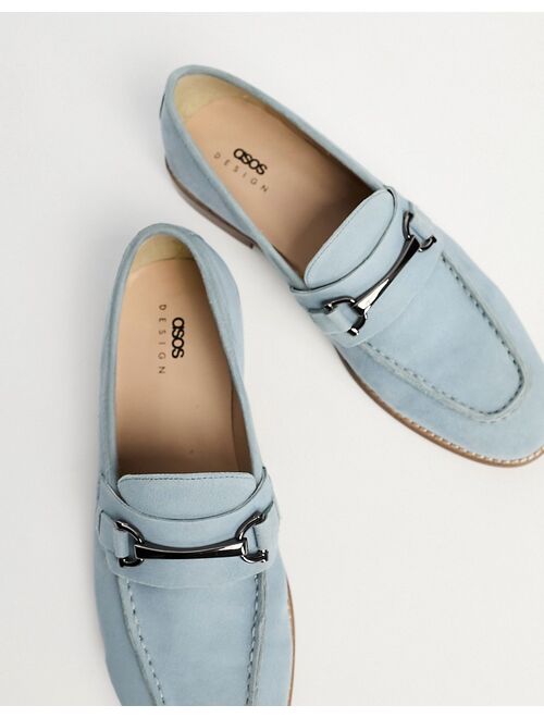 ASOS DESIGN loafers in pale blue suede with snaffle detail and natural sole