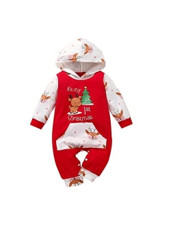 Noubeau My First Christmas Baby Girl Boy Outfit Car Truck Long Sleeve Pocket Hooded Romper Jumpsuit Xmas One Piece Clothes