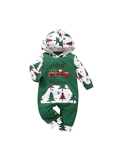 Noubeau My First Christmas Baby Girl Boy Outfit Car Truck Long Sleeve Pocket Hooded Romper Jumpsuit Xmas One Piece Clothes