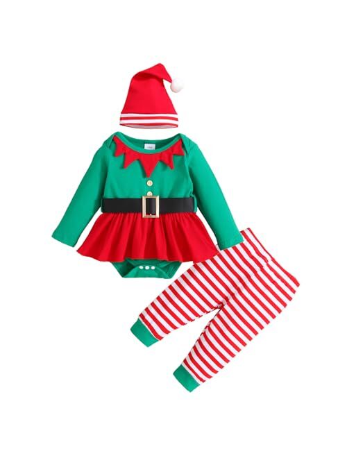 WOLBAY Newborn Toddler Girl Christmas Outfit Santa Romper Bodysuit Top+Striped Pants With Hat Clothing For Girl