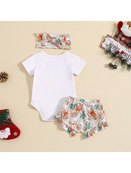 Pipikiddy 3Pcs Newborn Baby Girl Christmas Outfit Set Santa Baby Short Sleeve Romper Tops Red Plaid Shorts Xmas Clothes