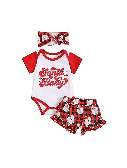 Pipikiddy 3Pcs Newborn Baby Girl Christmas Outfit Set Santa Baby Short Sleeve Romper Tops Red Plaid Shorts Xmas Clothes