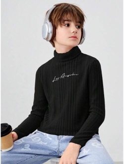 SHEIN Kids EVRYDAY Tween Boy Letter Embroidery High Neck Tee