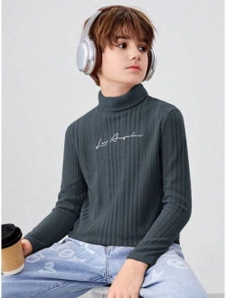 SHEIN Kids EVRYDAY Tween Boy Letter Embroidery High Neck Tee