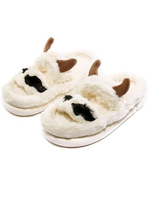 NZFUN Cow Slippers for Women and Men, Fluffy Cute Cozy Cartoon Cow Cotton House Slipper Womens Milky Cows Animal Preppy Funny Furry Kawaii Bedroom Pillow Cloud Slippers