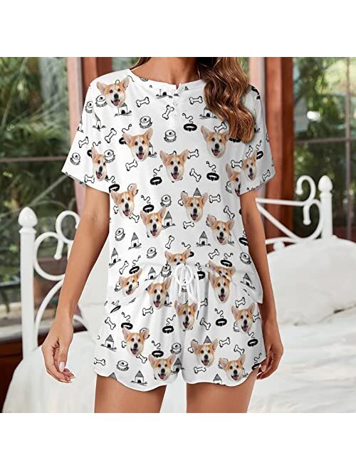 Artsadd Custom Short Pajamas Set With Photo, Women Personalized Lounge Set, Funny Face Printed Sleepwear, Soft Tracksuit Gift