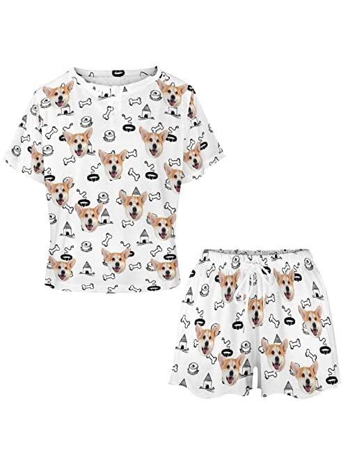 Artsadd Custom Short Pajamas Set With Photo, Women Personalized Lounge Set, Funny Face Printed Sleepwear, Soft Tracksuit Gift