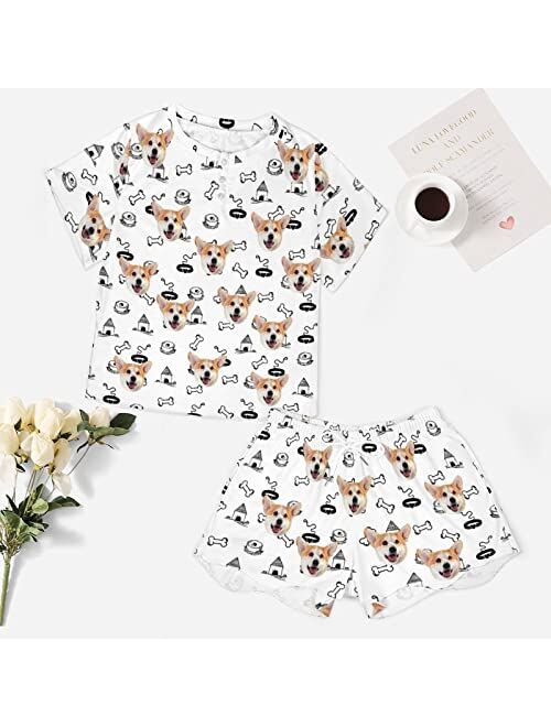 Artsadd Custom Short Pajamas Set With Photo, Women Personalized Lounge Set, Funny Face Printed Sleepwear, Soft Tracksuit Gift