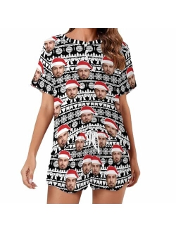 Artsadd Custom Women's Short Pajamas Set with Face Photo Personalized PJ Soft Loungewear Gift for Women Girls Mom Christmas