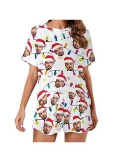 Artsadd Custom Women's Short Pajamas Set with Face Photo Personalized PJ Soft Loungewear Gift for Women Girls Mom Christmas